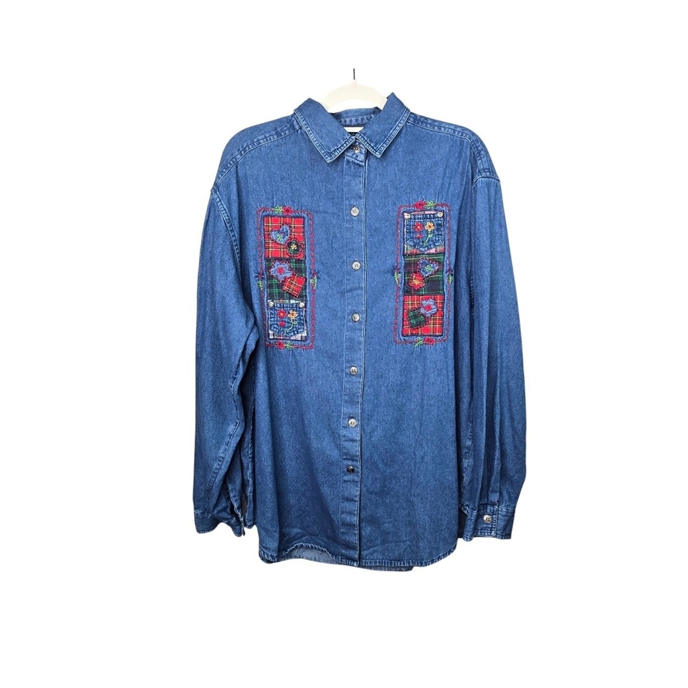 Casey & Max Denim Button Down Shirt Women L Blue Embroidered Patchwork Vintage
